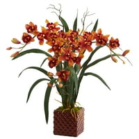 Скоро природен 29 ”вештачки аранжман на Цимбидиум орхидеја во црвена вазна