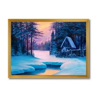 Дизајн на „Реката куќа во шумата и зимскиот пејзаж II“ езерска куќа врамена уметничка печатење