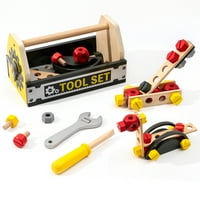 Аукфа дрвена клупа за алатки поставена со алатка за преземање и додаток игра поставена за мали деца момчиња